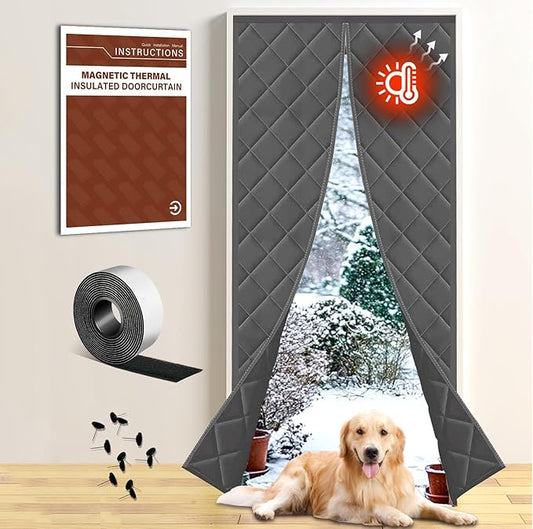 Insulated Door Curtain, 36"x82", Gray - Magnetic Thermal Cover for Winter, Blocks Cold Drafts, Multi-Layer Oxford Fabric, Magnetic Fastening