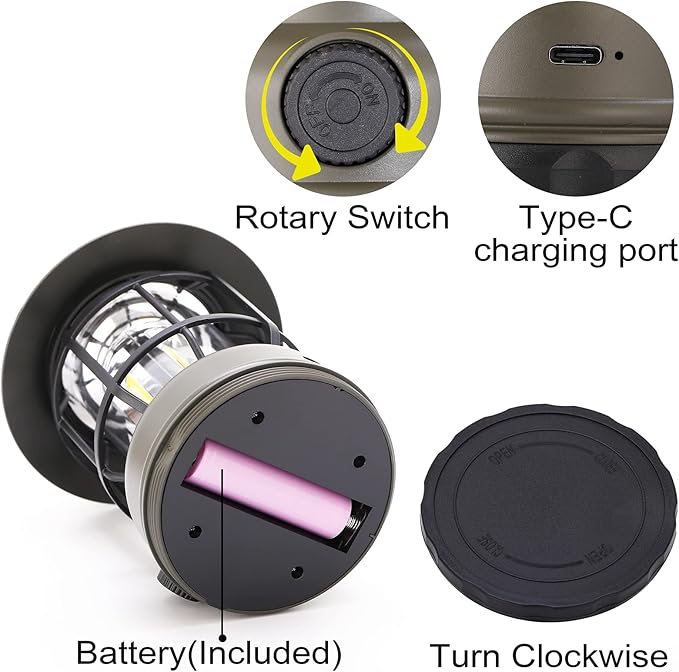 Rechargeable Portable LED Camping Lanterns, Vintage Style Tabletop Lantern, Stepless Dimming, Waterproof - Green, 2 Pack for Camping, Hanging Tent Light, and Power Outages