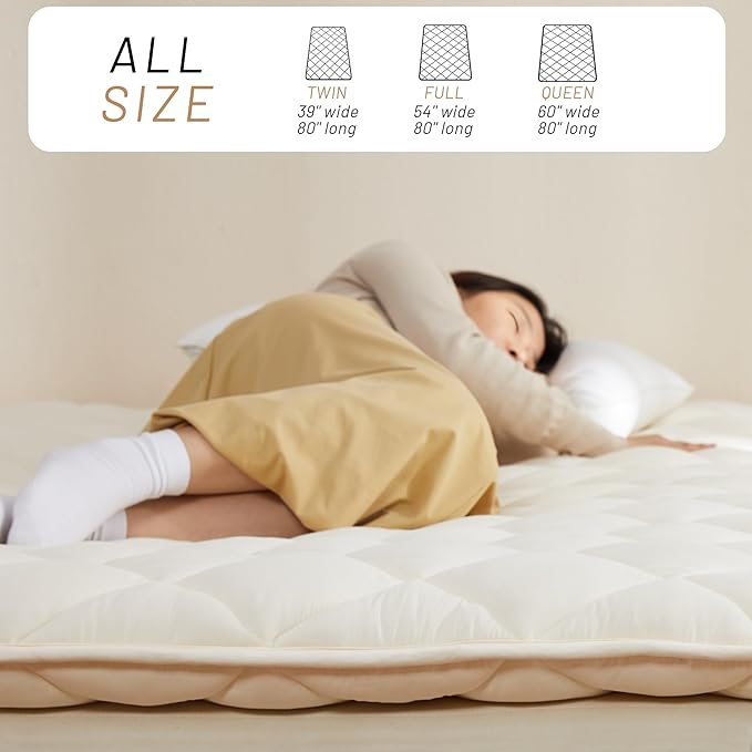 Japanese Floor Futon Mattress, Tatami Mat Sleeping Pad, Shikibuton, Mattresses Topper, Boys Girls Roll Up Dormitory Mattress, Foldable & Portable Floor Lounger Bed, Guest Bed (Cream, Full)