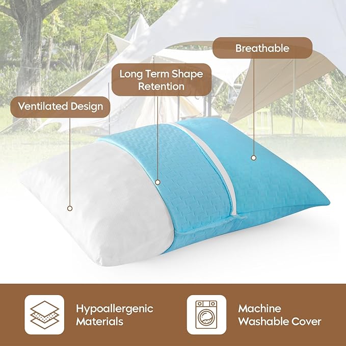 Small Shredded Memory Foam Pillow, Camping Pillow Travel Pillow - Compressible Medium Firm, Breathable Cover, Ideal Backpacking Hiking, Airplane and Car (Sky Blue, S)