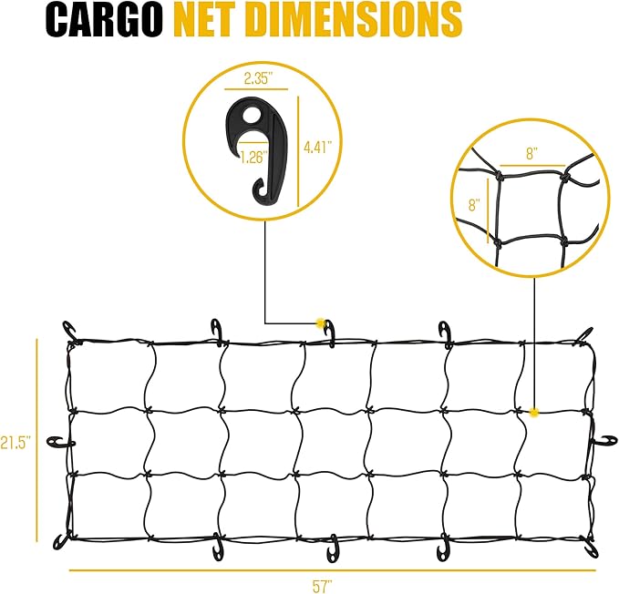 ARKSEN 57" x 21.5" Heavy Duty Tangle-Free Nylon Cargo Net (8" x 8" Mesh) - Universal Bungee Net Stretches to 80" x 40" for Pickup, Trucks, SUV, Roof Racks, and Travel Luggage Racks