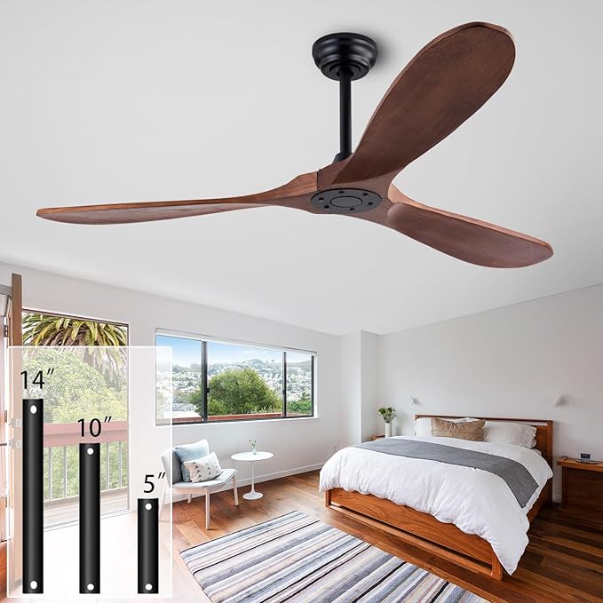 60" Wood Ceiling Fan No Lights with Remote Control，Wooden 3 Blades Ceiling Fans Without Light for Patio,Garage,Living Room,Bedroom,Office,Indoor/Outdoor(Black+Dark Walnut)