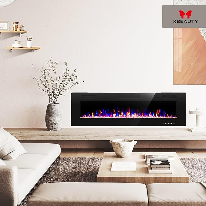 50" Electric Fireplace in-Wall Recessed and Wall Mounted 1500W Fireplace Heater and Linear Fireplace with Timer/Multicolor Flames/Touch Screen/Remote Control (Black)