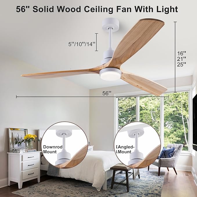 56" Wood Ceiling Fan with Light and Remote Control, Indoor Outdoor Wooden 3 Blades Ceiling Fan for Patio Living Room, Bedroom, Office,Reversible DC Motor