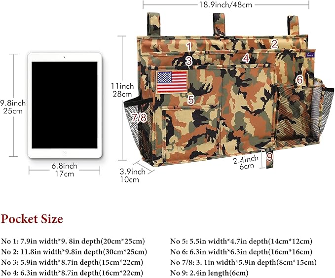 Surblue Bedside Caddy Hanging Organizer Storage Bag Pocket for Bunk, Hospital, College Dorm Rooms, Baby Bed Rails, Camp - 8 Pockets (Large, Desert)