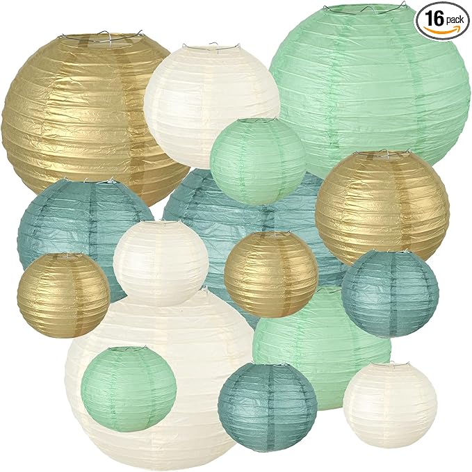 16PCS Colorful Lantern Lights, White Round Rice Paper Lamp Shades, Chinese/Japanese Paper Lantern Pendant Light for Party Decoration, Wedding, Home Decor