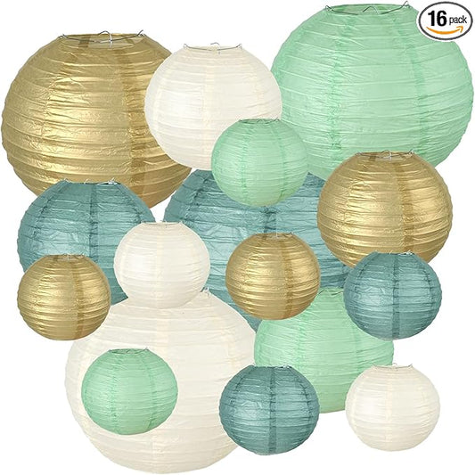 16PCS Colorful Lantern Lights, White Round Rice Paper Lamp Shades, Chinese/Japanese Paper Lantern Pendant Light for Party Decoration, Wedding, Home Decor