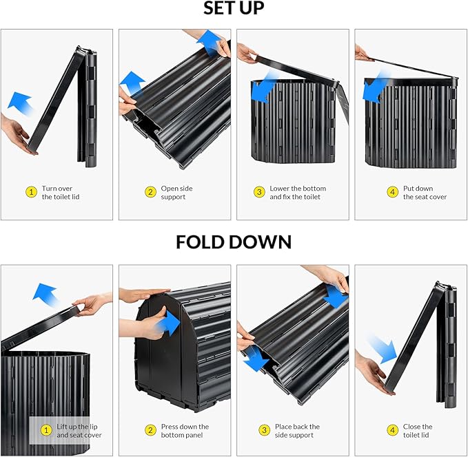 Portable Toilet, Upgraded 15'' Camping Toilet for Adults with Lid, Folding Toilet with Removable Paper Holder, Travel Portable Potty for Camping, Hiking, Roadtrip, Tent, Truck Drivers