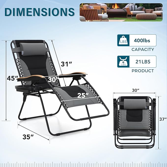MFSTUDIO Zero Gravity Chairs Set of 2, XL Oversized Outdoor Anti Gravity Chair, Patio Lounge Folding Adjustable Chair with Cup Holder & Padded Headrest, Support 400lbs,Grey