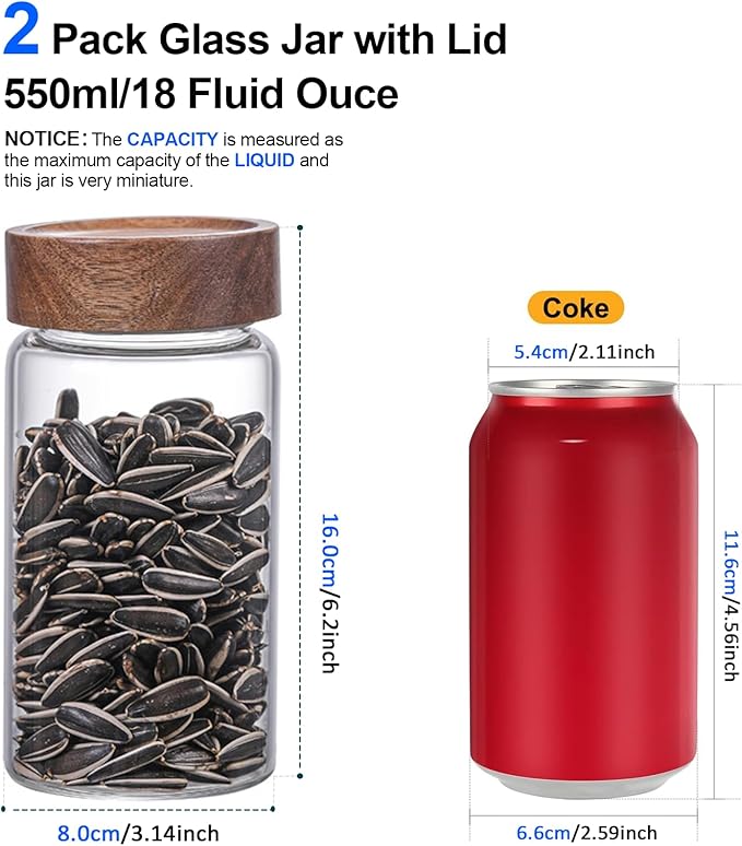 Glass Coffee Jars with Top Screw Lid Round Food Storage Canister Clear Glass Jar for Pantry Sugar Tea Coffee Bean Spice Nuts Cookies Bath Salts (2×550ml(18oz))