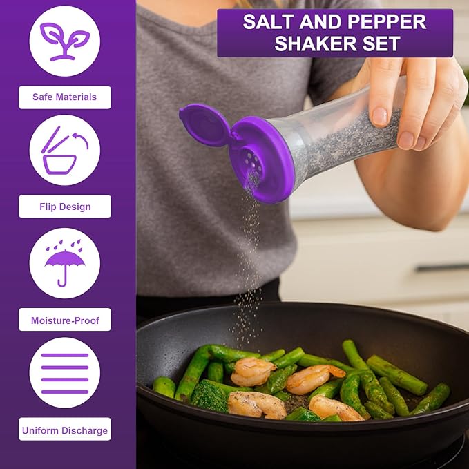 Set of 2 Clear Salt and Pepper Shakers, Plastic Spice Jars with Colorful Lids, Leakproof Moisture-Proof for Home Kitchen Restaurant, Camping, Travel, Picnic (Purple)