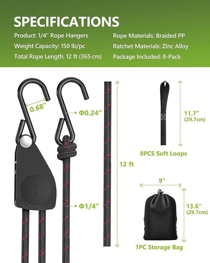 Kayak Straps Tie Downs 8 Pack Set, Roof Rack Straps Adjustable Ratchet Tie Down Straps with Lock S Hooks, 1/4 Inch 12 Feet Ratchet Straps for Small Cargo, Kayak-Soft Loops, Packing, Camping Gear