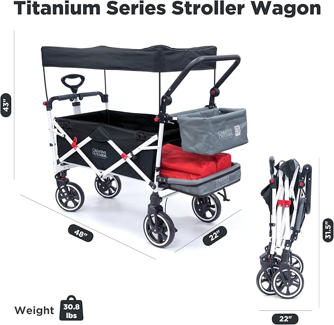 Creative Outdoor Wagon for Kids Push Pull Collapsible Stroller with Canopy Folding Cart | Titanium Series Plus | Beach, Park, Garden (Black & Grey)