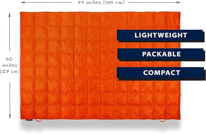 Double Puffy Camping Blanket - Extra Puffy, Packable, Lightweight and Warm | Ideal for Outdoors, Travel, Stadium, Festivals, Beach, Hammock | Water-Resistant Camp Quilt (Orange/Gray)