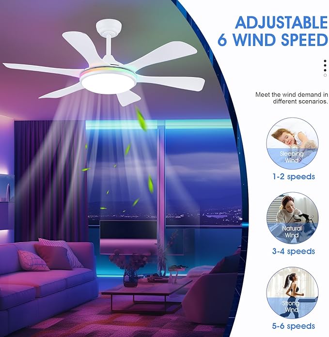 Ceiling Fans with Lights-47 Low Profile Ceiling Fan with 7-Color RGB Light and Remote/APP Control,Flush Mount,DC Reversible,LED Dimmable White Ceiling Fans for Bedroom,Indoor/Outdoor Patio