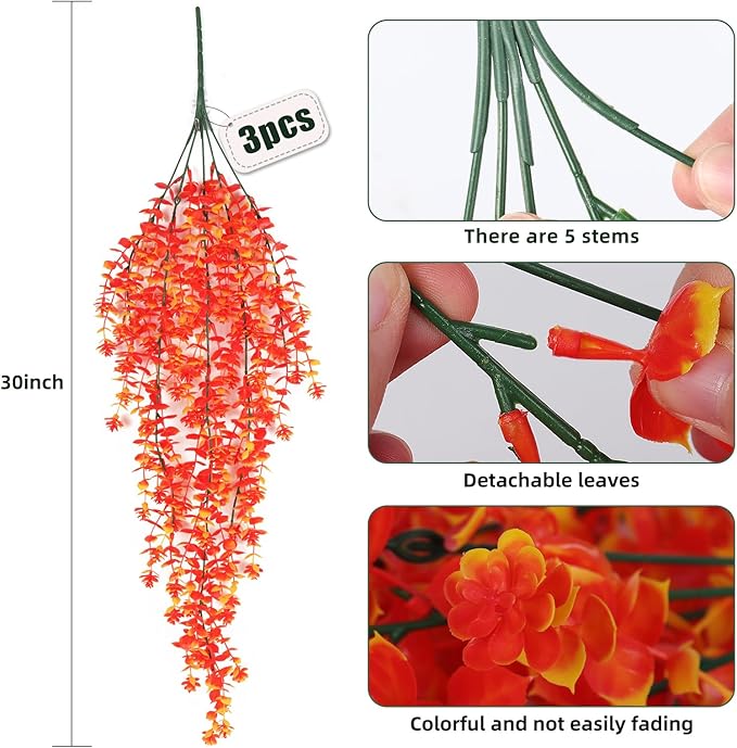 Artificial Hanging Plants Fall Faux Eucalyptus Leaf Fall Fake Hanging Plants Fall Hanging Vines Artificial Fall Flowers Faux Autumn Plants for Thanksgiving Indoor Outdoor House Wedding Party(Gold)