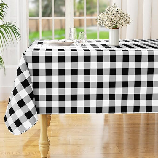 misaya Rectangle Waterproof Vinyl Table Cloth, Buffalo Flannel Backed Tablecloth, Wipeable Plastic Table Cover for Dinner, Kitchen, Outdoor (54" x 120", Black and White)