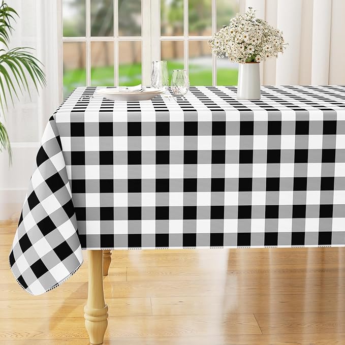 misaya Rectangle Waterproof Vinyl Table Cloth, Buffalo Flannel Backed Tablecloth, Wipeable Plastic Table Cover for Dinner, Kitchen, Outdoor (60" x 102", Black and White)