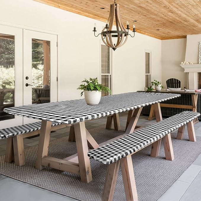 Fitable Checkered Picnic Table Cover Waterproof Elastic Outdoor Table Cover with Bench Covers, Vinyl Fitted Flannel Backing 30"x72" for Camping, Party, Folding Table, Black and White, 3 PCS Set