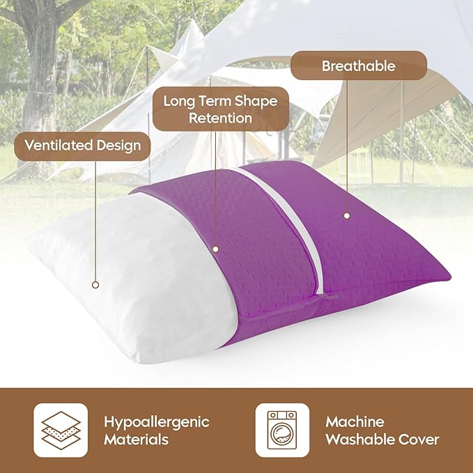 Small Shredded Memory Foam Pillow, Camping Pillow Travel Pillow - Compressible Medium Firm, Breathable Cover, Ideal Backpacking Hiking, Airplane and Car (Purple, M)