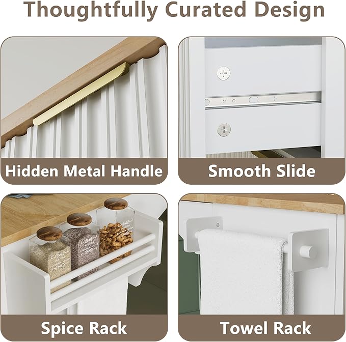 win2win Rolling Kitchen Island with Trash Can Storage, Portable Kitchen Island with Drop Leaf Breakfast Bar, Modern Farmhouse Kitchens Cart on Wheels with Fluted Design, Towel Rack, Spice Rack, White