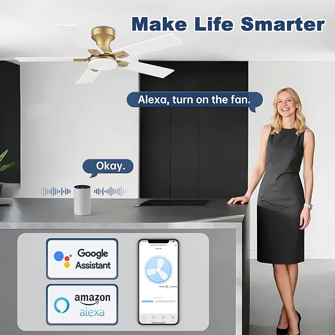 42inch Smart Low Profile Ceiling Fan with Lights Remote,Quite DC Motor,WiFi Voice Control via Alexa,Outdoor Indoor Modern Flush Mount Ceiling Fans,for Small Bedroom Patio Porch,Glod and White Black