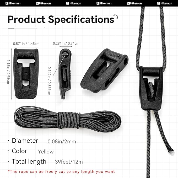 Hikeman Tent Guy Ropes 2mm-Ultralight Strong Guy Lines with Tensioner Reflective UHMWPE Fiber Tent Cord for Camping, Hiking, Backpacking Rope (Black, 39 Feet, 6 Tensioners)