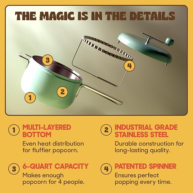 Popsmith Popcorn Popper in Cream - 6 Quart Stovetop Popcorn Machine - Stainless Steel Popcorn Maker Compatible with All Stovetops