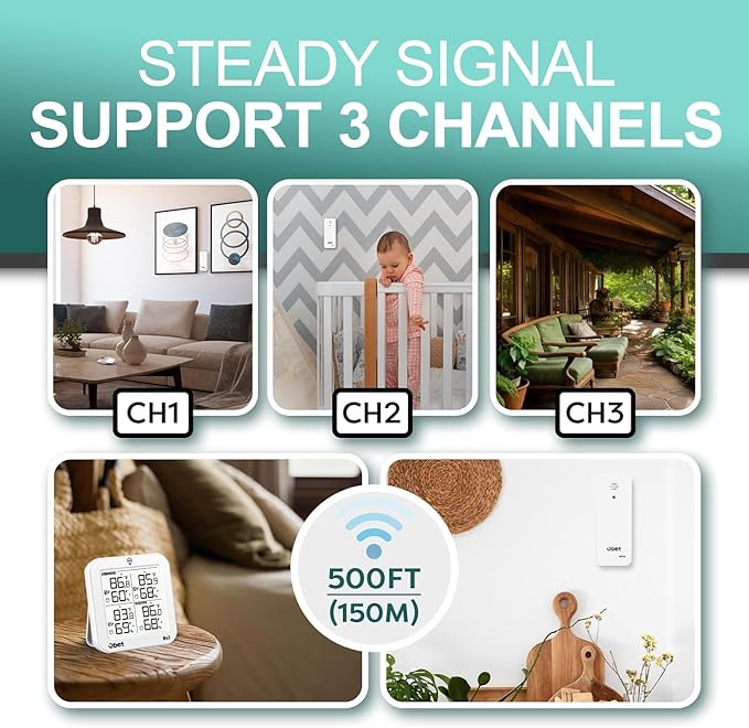 OBET Indoor Outdoor Thermometer Wireless with 3 Sensors Weather Station Temperature Humidity Monitor 500ft Range and Adjustable Backlight and Min Max Data White