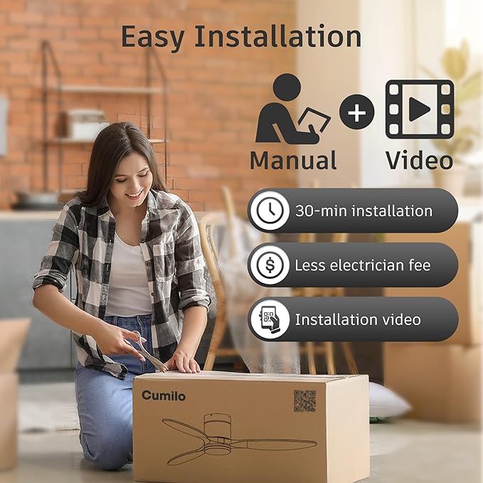 52" Smart Wood Ceiling Fans with Light and Remote,Low Profile Outdoor Indoor Ceiling Fan with Dimmable Light and Quiet DC Motor,Control with Alexa Google Voice App,for Modern Flush Mount Bedroom Patio