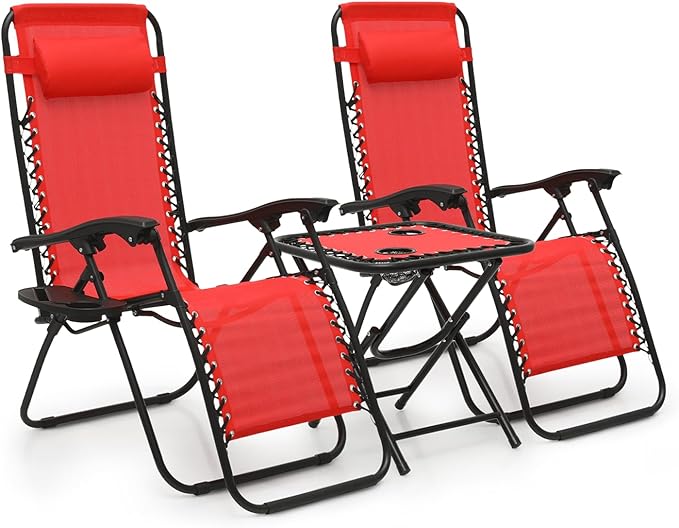MoNiBloom Recliner Patio Lounge Chairs Set of 3, Adjustable Outdoor Beach Chairs w/Folding Table, Pillow and Cup Holder Tray, 330lbs Capacity, Red