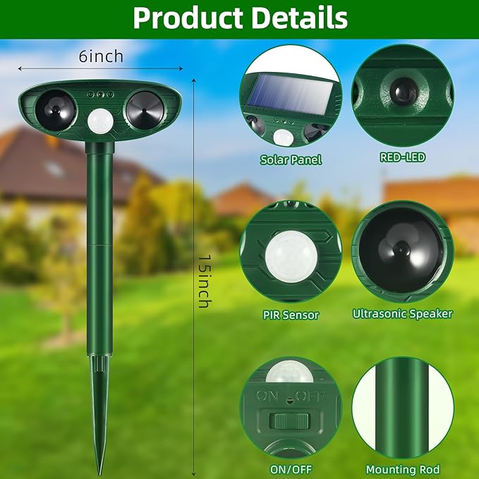 2 Pack 2025 Ultrasonic Solar Animal Repellent Outdoor,Squirrel Fortress Pro Deer Repellent Devices Motion Detection, Waterproof Cat Mouse Raccoon Dog Rabbit Deterrent for Garden Yard