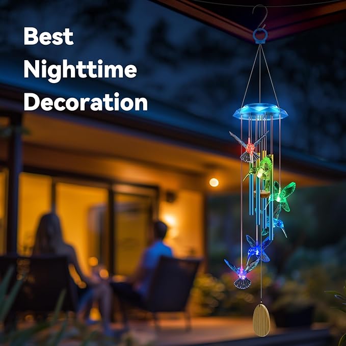 Wind Chimes,Hummingbird Solar Wind Chimes for Outside,Blue Gradation Aluminum Tubes Deep Tone Memorial Wind Bell for Garden/Patio Mobiles Decorative Gifts for Mom, Wife, Grandma Neighbors(37" Long)