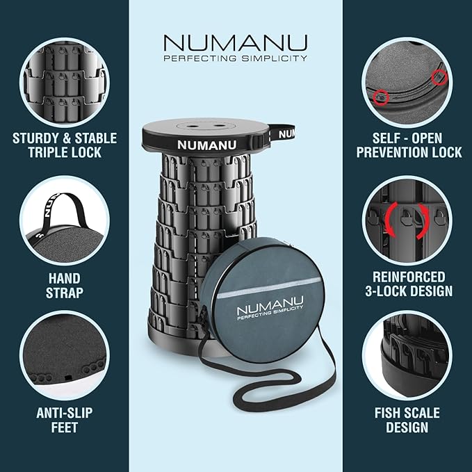 2025 Upgraded Collapsible Stool & 3IN1 Cushioned Carry Bag, Telescopic Folding Stool, Max 620lbs Adjustable Height Camping Chair, Retractable Seat or Travel Footrest for Outdoors, 18" H Stool