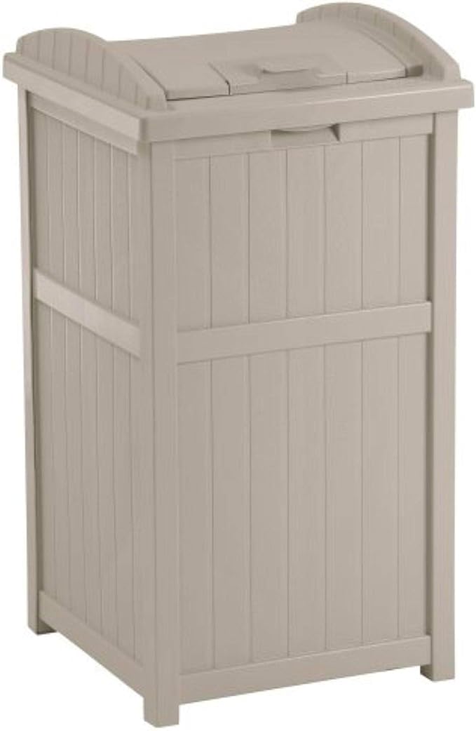Suncast 6 Pack 15.75" x 16" x 31.6" Trash Hideaway 33 Gallon Resin Outdoor Commercial Garbage Container with Lid for Backyard, Deck, or Patio in Taupe