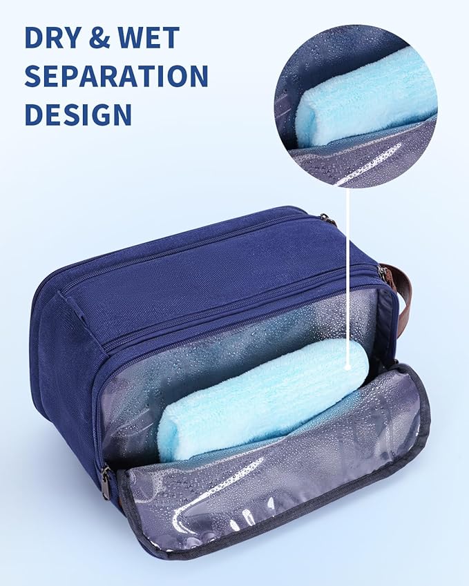 WANDF Toiletry Bag for Men Travel Toiletry Organizer Canvas and Leather Dopp Kit Water-Resistant Shaving Bag for Travel Accessories (Blue, Large)
