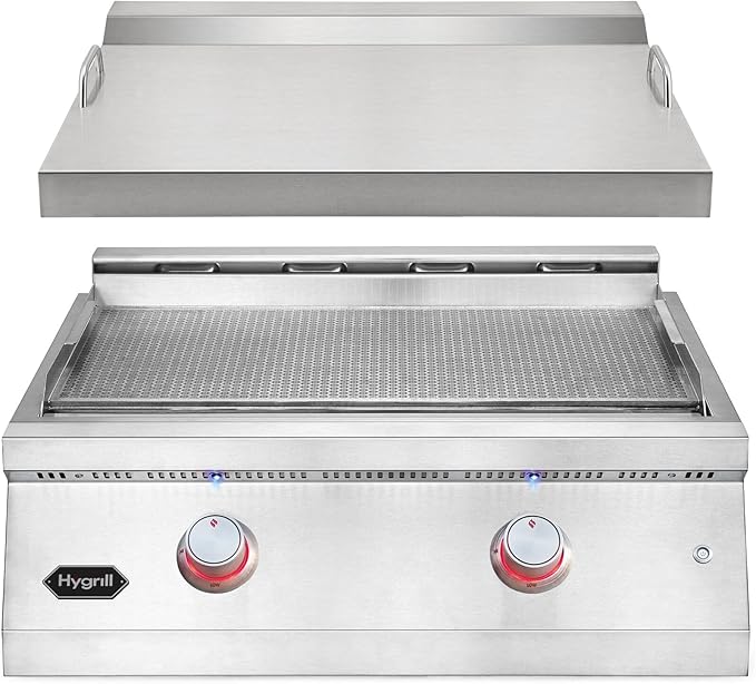 Hygrill 30-Inch Premium Built-In Natural Gas Griddle for Outdoor Kitchen, Durable 304 Stainless Steel 2-Burner Flat Top Grill with Lid and LED lights