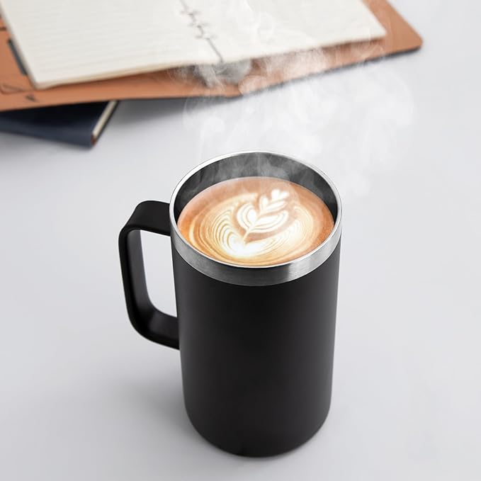 DOMICARE 24oz Mug with Handle and Lid, Stainless Steel Coffee Mug, Travel Mug with Handle, Double Wall Vacuum Coffee Tumbler, Reusable Insulated Cup, Black, Pack 4