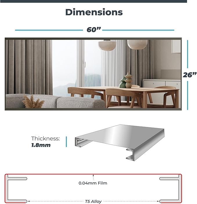 Glassless Large Mirror Shatterproof Unbreakable Wall Mirror for Gym, Dance Studio, Home Workout Room – 0.04mm Nano Film – Chrome 26" x 60"