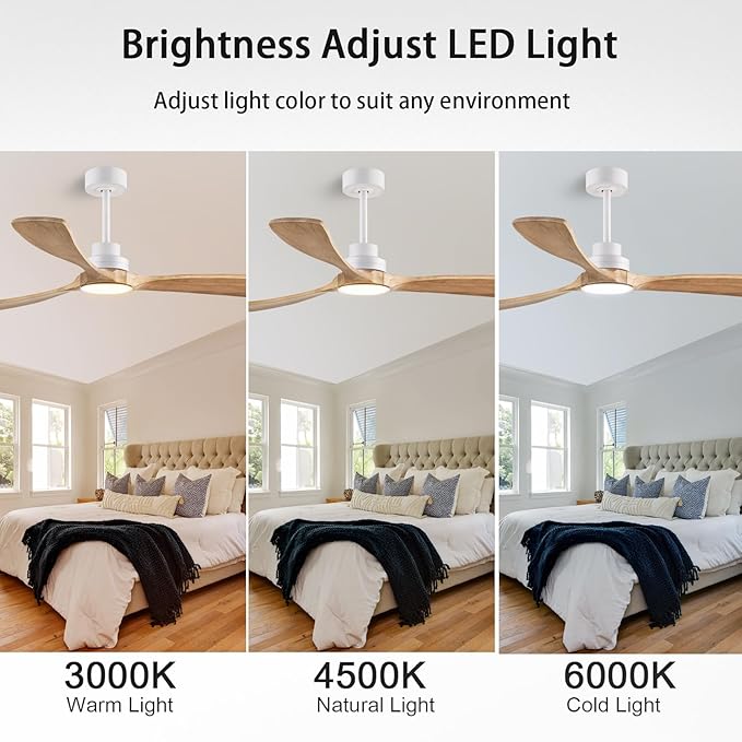 60" Ceiling Fans with Light with Remote Control, Indoor Outdoor Wood Ceiling Fan with 3 Wood Blades for Living Room, Hallway, Office, Farmhouse, etc. (White + Wood Color)