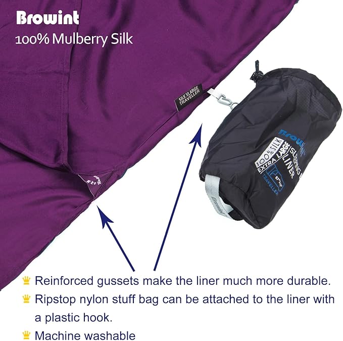 BROWINT Silk Sleeping Bag Liner, Silk Sleep Sack, Extra Wide 87"x43", Lightweight Travel Sheet for Hotels, More Colors for Option, Reinforced Gussets