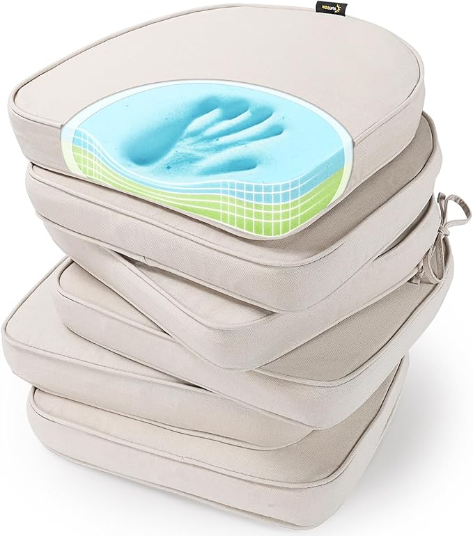 SUNROX Gel Memory Foam Chair Cushions, FadeShield Water-, Stain-Resistant Durable Reversible Seat Cushion Pads with Ties for Indoor/Outdoor Kitchen Dining Office 17"x16" Set of 6, Cream