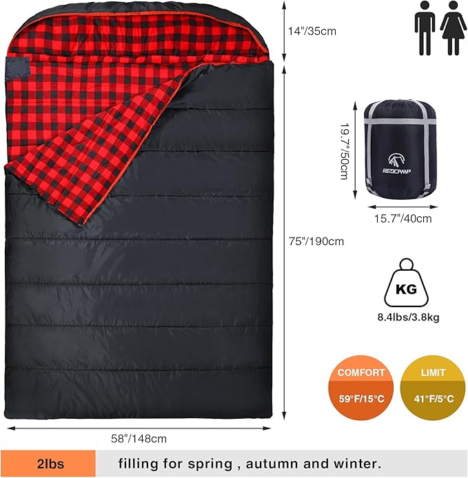 REDCAMP Cotton Double Sleeping Bag for Adults, 2 Person Cold Weather Queen Size Flannel Sleeping Bags for Camping, Black/Navy Blue