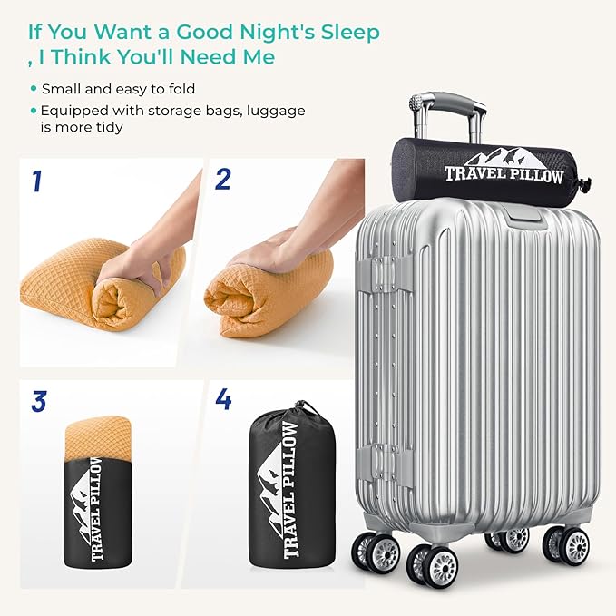 Travel Pillow Memory Foam Pillows, Camping Pillow-Compressible Medium Firm, Breathable Cover, Ideal Backpacking Hiking, Bed Pillows, Airplane and Car (Apricot Yellow, S)