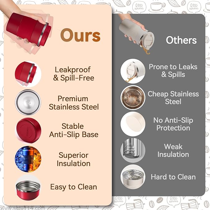 17OZ Travel Coffee Mug Insulated Coffee Cup with Spill Leak Proof Lid, Portable Stainless Steel Tumbler Reusable Hot and Cold Water Mug for Car, Daily, Camping- Red