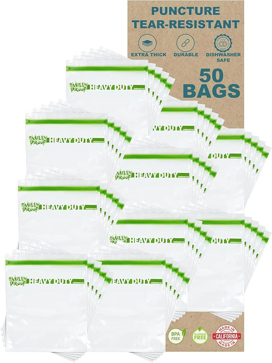 50pcs BULK DEAL, Reusable Extra HEAVY DUTY Ziplock Bags Thick 5mil Reclosable Bags, BPA-Free, Washable Dishwasher-Safe, Made in USA Resealable Ziplock Thick Bags, FLAT Large Quart 10" x 8.5" - 50 pcs