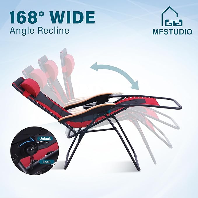 MFSTUDIO Zero Gravity Chairs, Oversized Patio Recliner Chair, Padded Folding Lawn Chair with Cup Holder Tray, Support 400lbs, Red