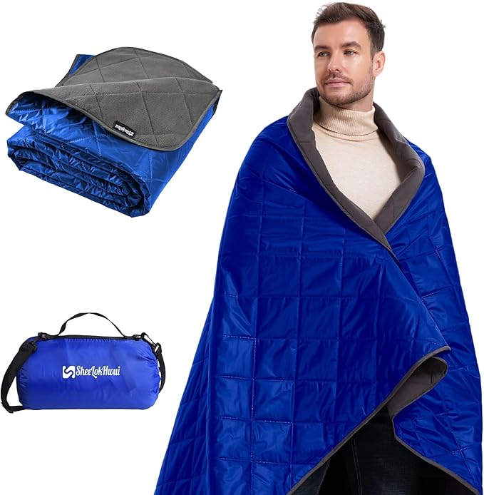 4-in-1 Large Outdoor Blanket - Waterproof & Windproof Thickened Warm Fleece Camping Blanket for Stadium, Hiking, Sporting Events - 81"x57", Packable (Sapphire Blue)