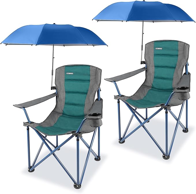 2 Pack Camping Chairs with Adjustable Umbrella-Folding Lawn Chair with American Flag Backrest-Heavy Duty Padded Camping Chair for Beach,Dark Green