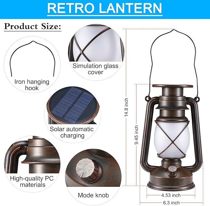 Solar Lantern Outdoor, Hanging Solar Lights Flickering Flame LED Vintage Lantern, Waterproof Camping Lamps, Auto On/Off Landscape Decor for Table Patio Garden Yard Pathway Porch, 2 Pack